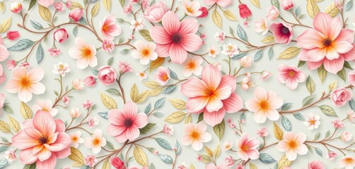 Fototapeta premium Delicate spring floral seamless pattern with blooming flowers, leaves, and vines in pastel colors, springtime, picture
