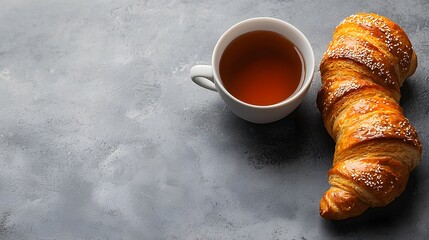 A cozy morning scene featuring a cup of tea and a delicious croissant on a wooden table for breakfast delivery