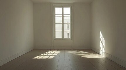 Obraz premium Empty room with clean white walls, smooth wooden floors, and soft natural light streaming through a single window, creating a serene and minimalist ambiance. 