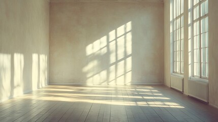 Obraz premium Empty room with sunlight streaming through large windows, warm natural light casting soft shadows across smooth, neutral-toned walls and a clean wooden floor. 