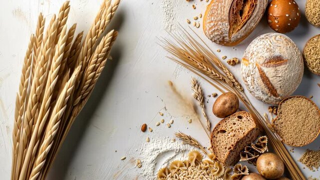 Assorted types of bread and grains are arranged on a rustic surface, capturing the essence of baking and natural ingredients