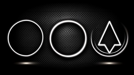 Three neon glowing shapes on a textured black metal background