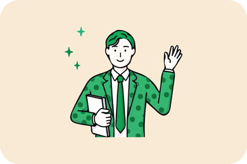 Green-Suited Man Waving, Holding Folder on Light Background