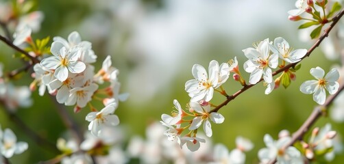 Obraz premium Delicate white cherry blossoms frame a natural spring, soft green background Ample copy space, background, green background