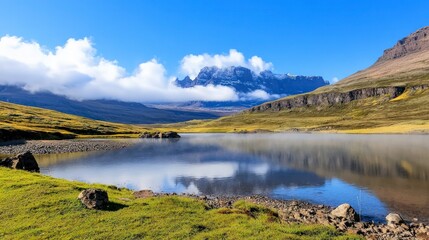Fototapeta premium Icelandic Sunrise Glacial River Mountains Cloudscape Panorama