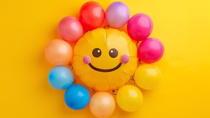 A bright and colorful image of a smiling sun made of balloons. The sun is surrounded by a variety of colorful balloons in different sizes.