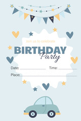 Cute invitation to a festive birthday party with a little car and hearts