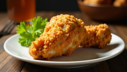 Deliciously seasoned fried chicken leg with a crunchy coating on a plate, delicious, fast food, golden brown