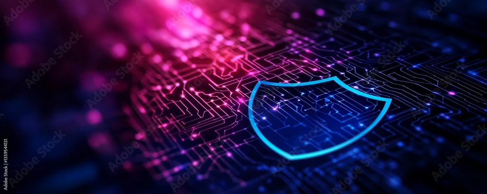Poster digital transformation and cybersecurity optimization concept. digital security shield over abstract