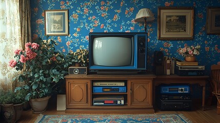 Retro TV Room, Vintage Decor, Floral Wallpaper