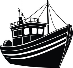 fishing boat black and white silhouette vector design