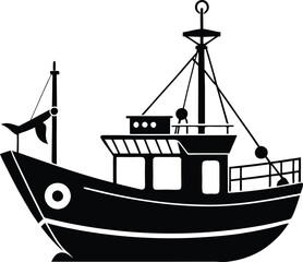 fishing boat black and white silhouette vector design