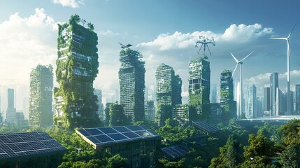 Obraz premium Green-energy future city, towering structures wrapped in greenery, solar panels shimmering in sunlight, wind turbines scattered across rooftops, vibrant eco-focused design. 