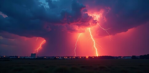 Fototapeta premium Dramatic sky with lightning flashes during sunset, dusk, weather phenomenon