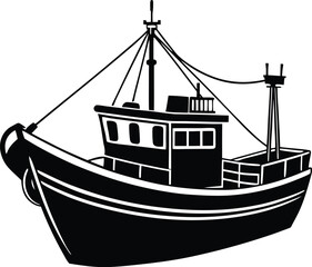 fishing boat black and white silhouette vector design