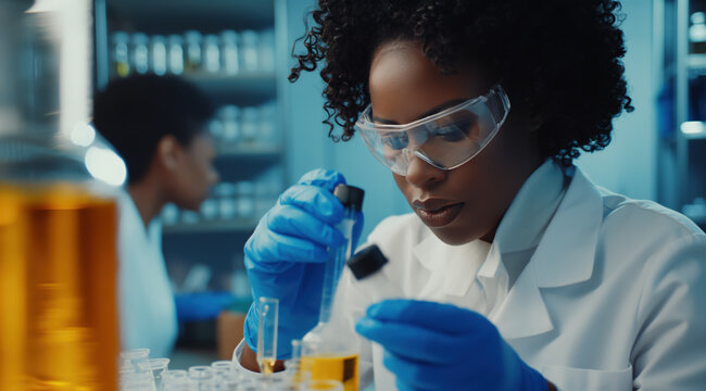 Medical bio laboratory, Research, Science test technology. Pharmaceutical lab specialist examines medicine vials, hospital patient samples. Medical student conducts research. Realistic style photo