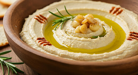 Creamy Hummus In Wooden Bowl With Toppings