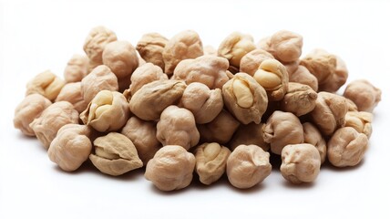 A bunch of dried chickpea pods, their smooth, pale brown shells slightly cracked to reveal small, round seeds inside. isolated on a white background.