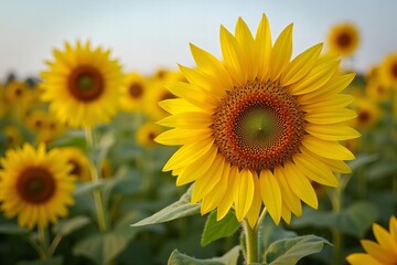 Fototapeta premium Close-up of a vibrant sunflower blooming in a sunny field.