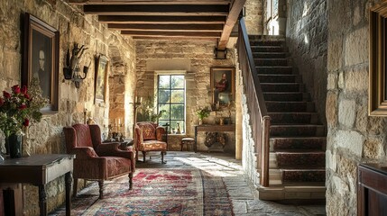Historic castle interior with exposed stone walls, wooden beams, and rustic furniture, creating a blend of medieval charm and cozy elegance.  