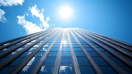 Iconic Atlanta skyline, towering modern architecture highlighted by bright sunlight, framed by a pure blue sky, panoramic composition, high-resolution clarity. 
