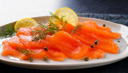 Thin, delicate slices of smoked salmon with a rich, silky texture and a vibrant orange hue 
