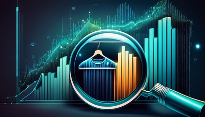 bar graph with rising and falling values binary code and clothing rack under magnifying glass ideal for data analysis business strategy fashion industry retail market technology trends