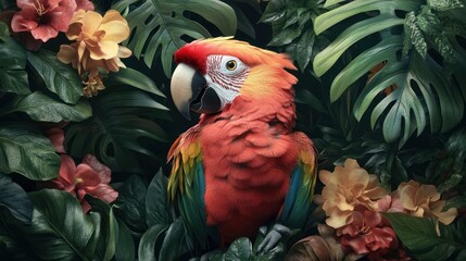 Fototapeta premium Scarlet Macaw in Lush Tropical Paradise: A Vibrant Portrait