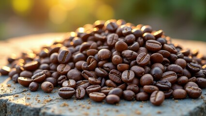 Obraz premium Close-up of roasted coffee beans on rustic stone surface outdoors