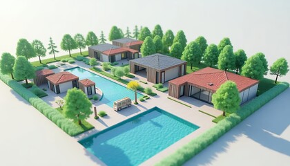 Fototapeta premium Modern residential complex with lush greenery and pools