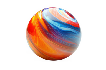 Colorful glossy orb with swirling paint textures against a stark black background isolate