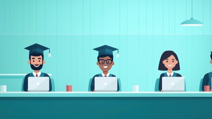 Happy Graduates Working on Laptops in Modern Classroom Setting