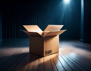 a cardboard box is sitting on the floor in a dark room the box is open and the light shining on it creates a mysterious and intriguing atmosphere