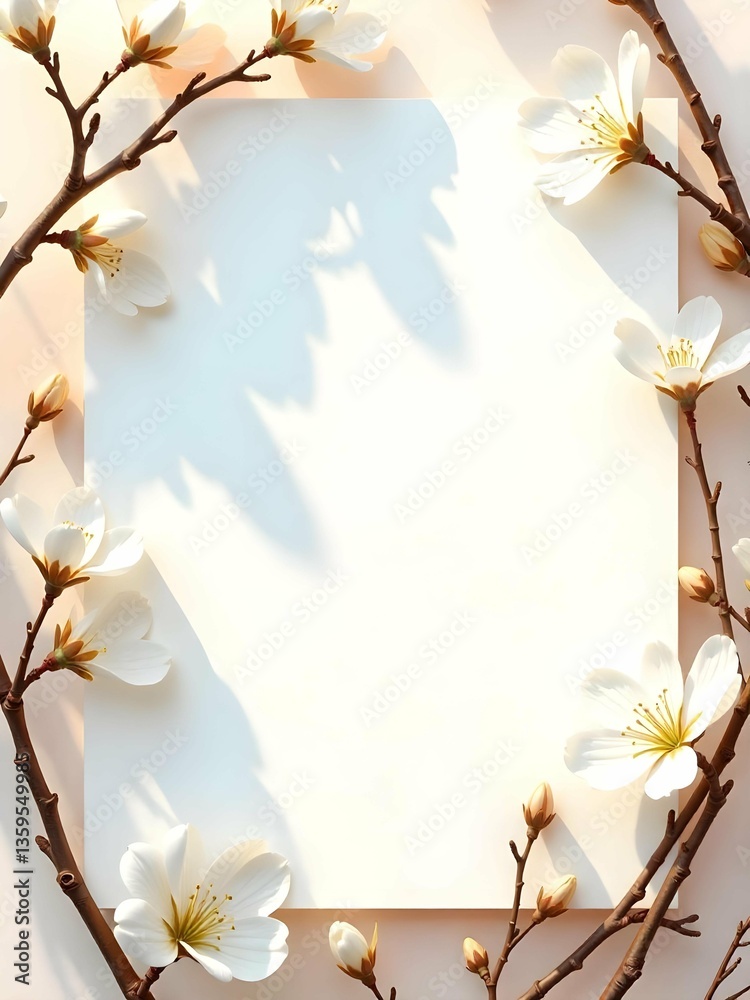 Poster cherry blossom branches frame a blank white card, creating a delicate and natural border for your me