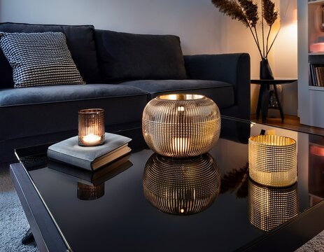 a close up of a black coffee table with decorative items in a modern living room at night