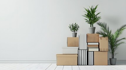 Pile of boxes and potted plant representing college dorm move-in day with personal effects and student life