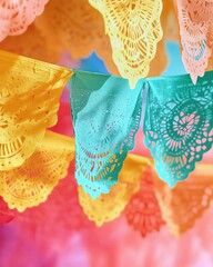 Cinco de Mayo Celebration Colorful papel picado banners for festive occasions.
