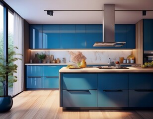 Fototapeta premium modern kitchen interior with blue cabinets and countertop 3d rendering