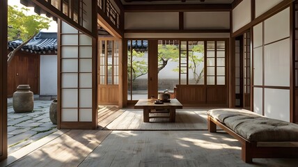 Naklejka premium A modernized Korean hanok-style home with traditional wooden beams, sliding doors, and a serene courtyard. The space blends classic Korean architecture with contemporary minimalism.