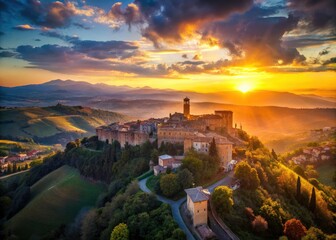 Obraz premium Orvieto Sunrise Drone View: Stunning Aerial Photography of Italian Hill Town