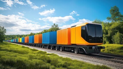 Fototapeta premium Modern freight train with colorful containers on railway.