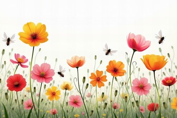 Vibrant Meadow Flowers and Insects in Close-up Against a Transparent Background