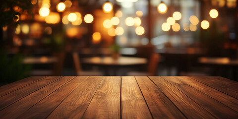 Brown wooden table, showcasing a restaurant's blurred background of warm lighting and cozy ambiance, ideal for menu or product placement