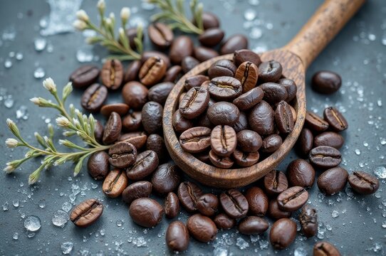 Scoop of roasted coffee beans on ice-covered surface with sprigs of green