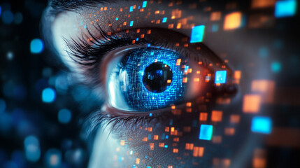 Close up of a human eye with digital overlay and glowing squares in a futuristic style design