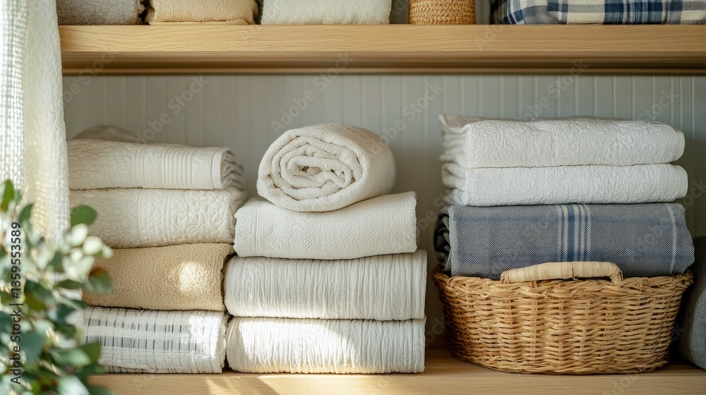 Poster soft, fluffy towels in various textures are neatly stacked on wooden shelves, illuminated by gentle 