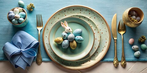 Panoramic Quail Eggs Photography: Golden Cutlery, Bunny Napkin Ring, Beige Plates & Turquoise Background