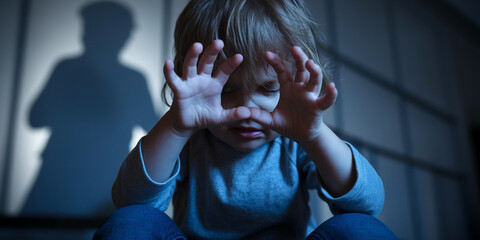 Young child covering face with hands, shadow looming, conveying fear and vulnerability, representing child abuse awareness