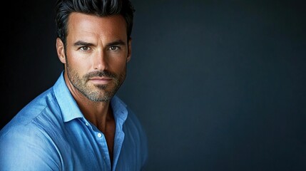 Obraz premium Casual Portrait of a Handsome Man in a Blue Shirt against Dark Background