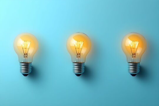 minimalizm, żar&oacute;wka, świecąca żar&oacute;wka, zgaszone żar&oacute;wki, tło niebieskie, koncepcja kreatywności, innowacje, kreatywne myślenie, pomysł, inspiracja, symbol sukcesu, inteligencja, światło, nowoczesny de